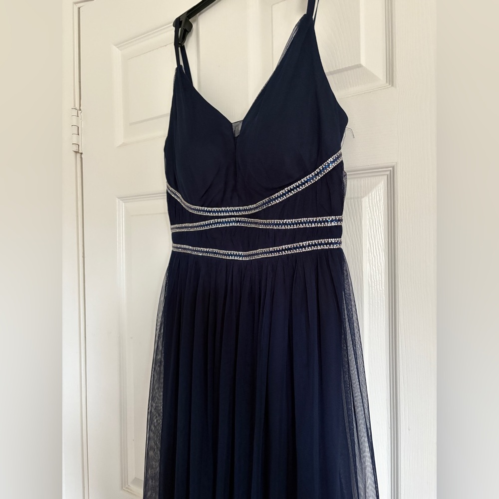 Elegant Navy Blue Gown with Silver Accents